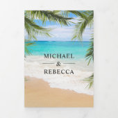 Invitation Trois Volets Tropical Beach Palm Feuille String Lights Mariage (Page de couverture)