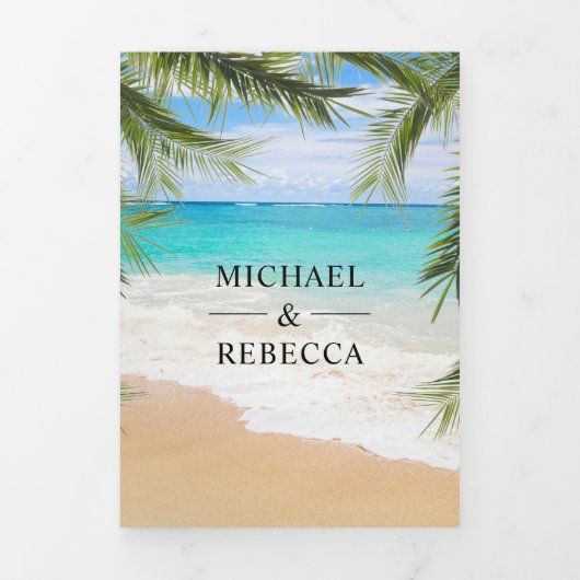 Invitation Trois Volets Tropical Beach Palm Feuille String Lights Mariage (Page de couverture)