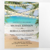 Invitation Trois Volets Tropical Beach Palm Feuille String Lights Mariage (Intérieur en premier)