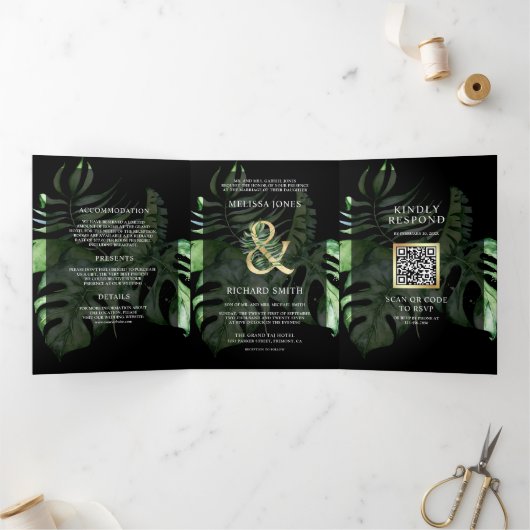 Invitation Trois Volets Tropical Gold Monstera Palm Black QR Code Mariage (Intérieur)