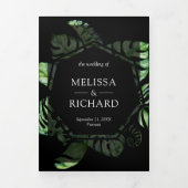 Invitation Trois Volets Tropical Gold Monstera Palm Black QR Code Mariage (Page de couverture)