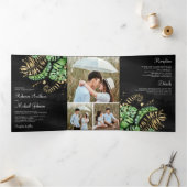 Invitation Trois Volets Tropical Green Gold Monstera Palm Mariage noir (Intérieur)