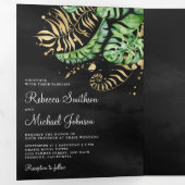 Invitation Trois Volets Tropical Green Gold Monstera Palm Mariage noir (Intérieur en premier)