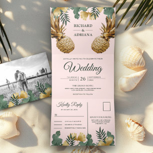 Invitation Trois Volets Tropical Mariage Palmier Rose Doré Ananas