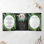 Invitation Trois Volets Tropical Monstera Palm Feuille Mariage noir (Intérieur)