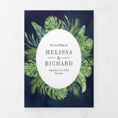 Invitation Trois Volets Tropical Monstera Palm Feuille Marine Blue Mariage (Page de couverture)