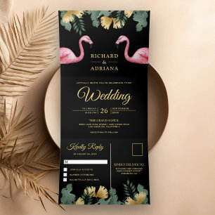 Invitation Trois Volets Tropical Palm Black Gold Flamant rose Couple Maria