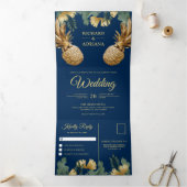 Invitation Trois Volets Tropical Palm Navy Blue Gold Pineappy Mariage (Intérieur)
