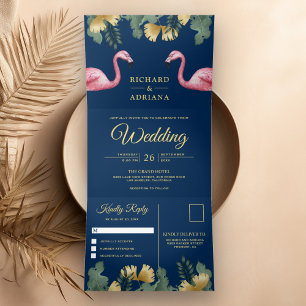 Invitation Trois Volets Tropical Palm Navy Flamant rose bleu Couple Mariag