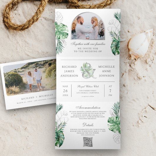 Invitation Trois Volets Tropical Silver Palm Photo QR Code Mariage