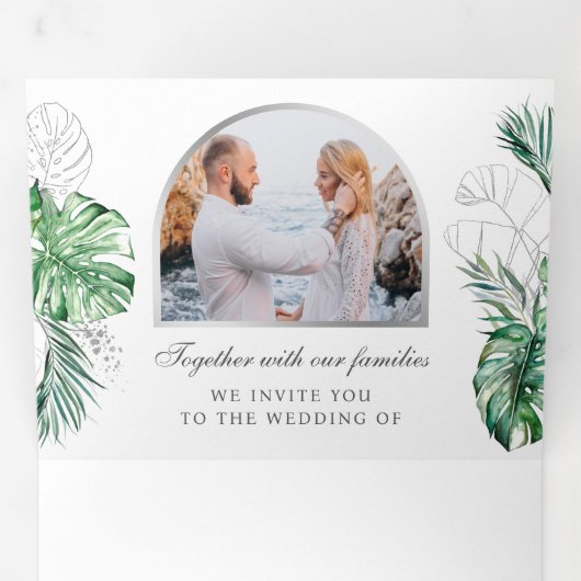 Invitation Trois Volets Tropical Silver Palm Photo QR Code Mariage (Intérieur en premier)