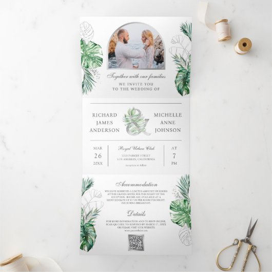 Invitation Trois Volets Tropical Silver Palm Photo QR Code Mariage (Intérieur)