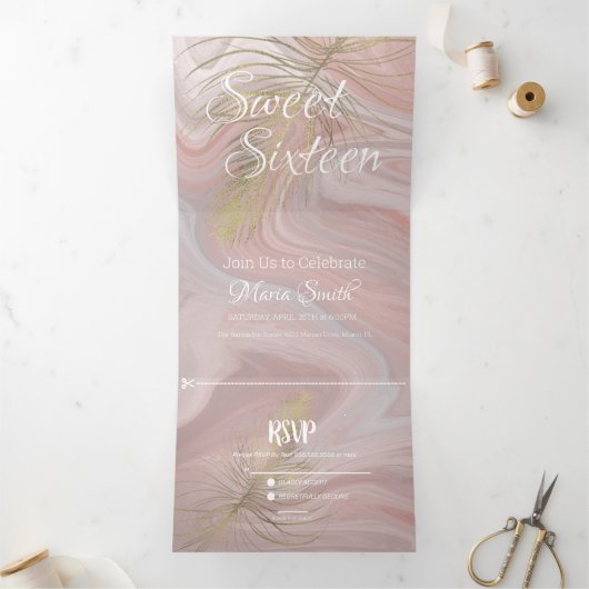Invitation Trois Volets Tropical Sweet 16 Liquide Marbre | Agate Rose Pâle (Intérieur)
