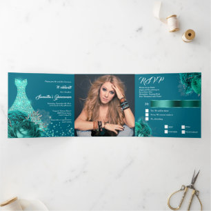 Invitation Trois Volets Turquoise argent floral rose quinceanera parties s