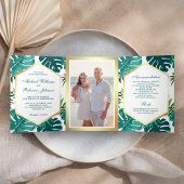 Invitation Trois Volets Turquoise blanc Palm Monstera Feuille Mariage