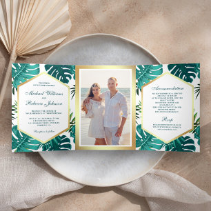 Invitation Trois Volets Turquoise blanc Palm Monstera Feuille Mariage