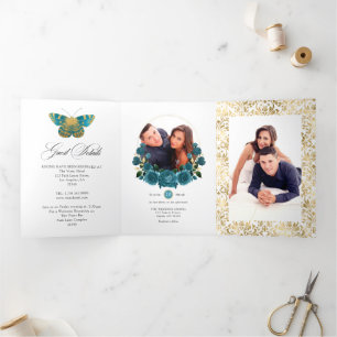 Invitation Trois Volets Turquoise et or Vintage Floral Photo Mariage