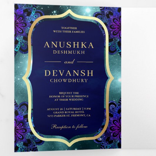 Invitation Trois Volets Turquoise Galaxy Blue Mandala QR Code Mariage indi (Intérieur en premier)
