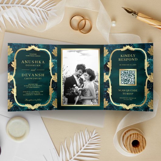 Invitation Trois Volets Turquoise Galaxy Gold Lotus QR Code Mariage indien