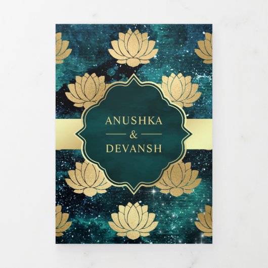Invitation Trois Volets Turquoise Galaxy Gold Lotus QR Code Mariage indien (Page de couverture)