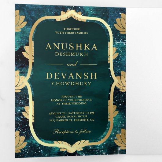 Invitation Trois Volets Turquoise Galaxy Gold Lotus QR Code Mariage indien (Intérieur en premier)