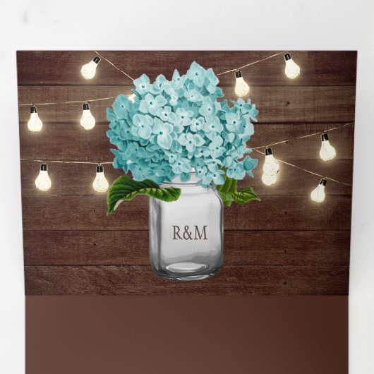 Invitation Trois Volets Turquoise Hydrangea Mason Jar String Mariage (Intérieur en premier)