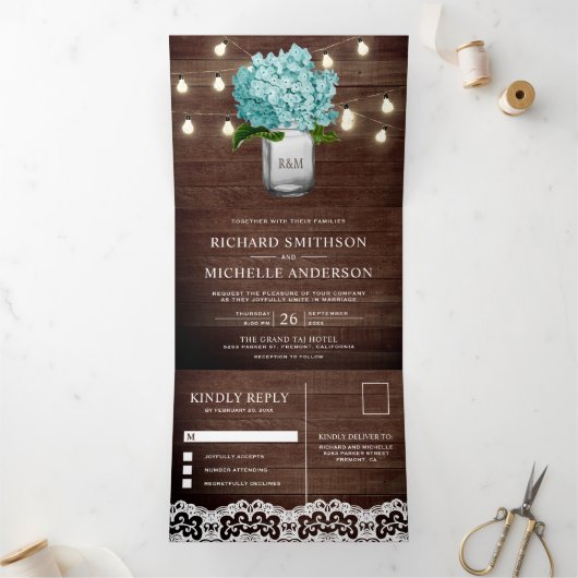 Invitation Trois Volets Turquoise Hydrangea Mason Jar String Mariage (Intérieur)