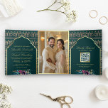 Invitation Trois Volets Turquoise Motif de Peacock or Floral Mariage indie<br><div class="desc">Éblouissez vos invités avec cette élégante invitation tout en un mariage indien avec un arrière - plan motif paon magnifique et de belles fleurs avec code QR pour RSVP en ligne. Ajoutez simplement les détails de votre événement sur ce modèle facile à utiliser et ornez cette carte avec votre photo...</div>