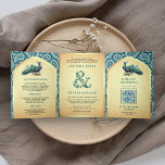 Invitation Trois Volets Turquoise Paisley Indian Peacock Code QR Mariage<br><div class="desc">Éblouissez vos invités avec cet élégant thème indien tout en une invitation de mariage avec un motif paisley traditionnel et de beaux paons aquarelle avec QR Code pour RSVP en ligne. Ajoutez simplement les détails de votre événement sur ce modèle facile à utiliser et ornez cette carte avec vos photos...</div>