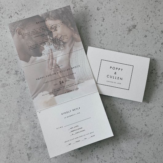 Invitation Trois Volets Typographie chic | Mariage photo défraîchi