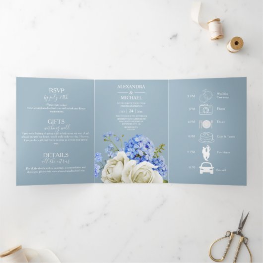 Invitation Trois Volets Typographie moderne Dusty Bleu Mariage Botanique T (Intérieur)