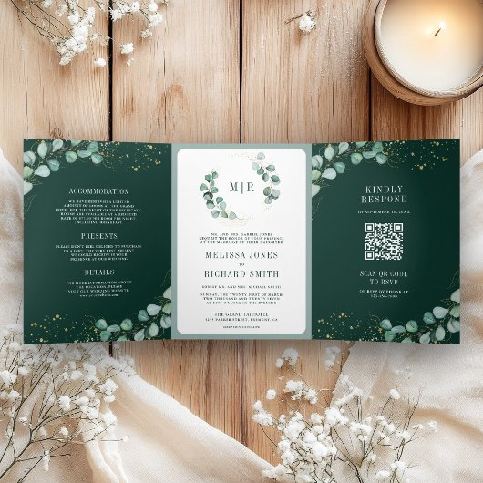 Invitation Trois Volets Végétation Eucalyptus Vert Émeraude Code QR Mariag