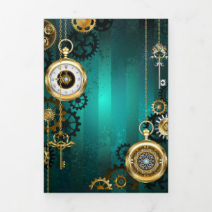 Invitation Trois Volets Veille bijoux Steampunk sur un Arrière - plan vert