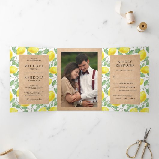 Invitation Trois Volets Verger de citron moderne Végétation Kraft Mariage  (Intérieur)