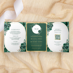 Invitation Trois Volets Vert émeraude floral marbre tout en un mariage