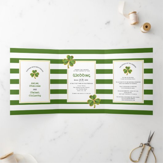 Invitation Trois Volets Vert moderne, rayures blanches mariage irlandais d (Intérieur)