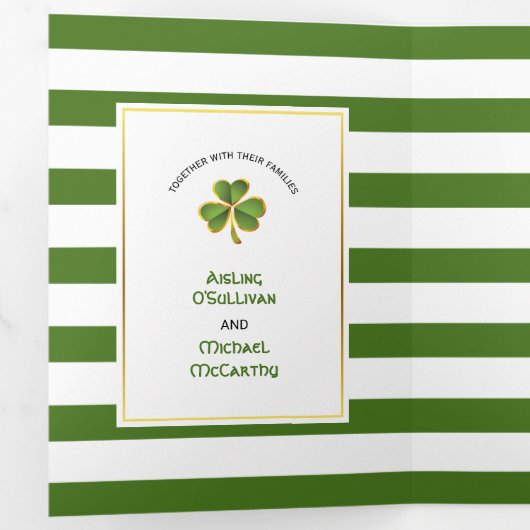 Invitation Trois Volets Vert moderne, rayures blanches mariage irlandais d (Intérieur en premier)