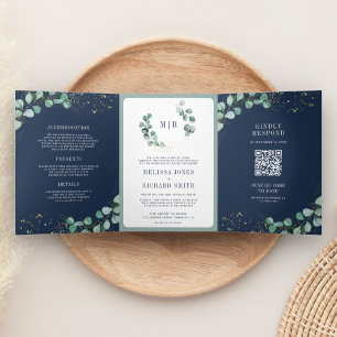 Invitation Trois Volets Vert safran eucalyptus bleu marine Code QR Mariage