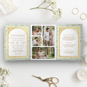 Invitation Trois Volets Vert sauge floral tout-en-un mariage indien or