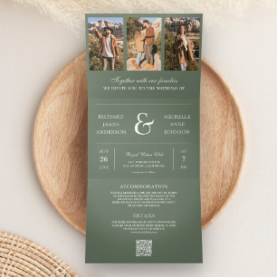 Invitation Trois Volets Vert sauge minimaliste mariage photo collage QR Co