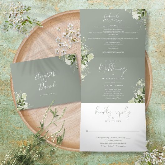 Invitation Trois Volets Vert sauge Moderne Photo Botanique de Verdure Mari