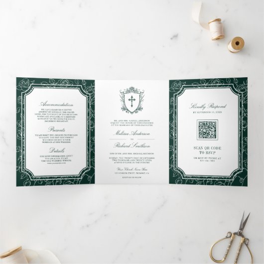 Invitation Trois Volets Victorian Emerald Green catholique QR Code Mariage (Intérieur)