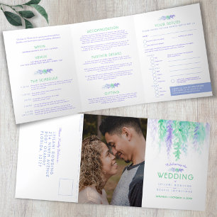 Invitation Trois Volets Vin d'automne bleu vert aquarelle mariage tout-en-