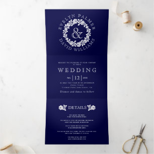 Invitation Trois Volets Vintage blanc rose couronne bleu marine mariage