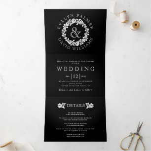 Invitation Trois Volets Vintage blanc rose couronne noir mariage