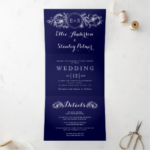 Invitation Trois Volets Vintage bleu marine cadre floral, initiales mariag