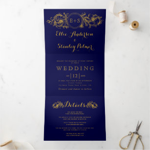 Invitation Trois Volets Vintage cadre or et initiales marine bleu mariage
