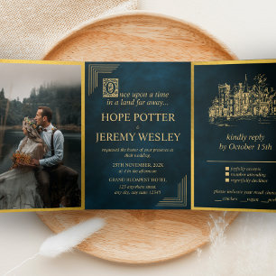 Invitation Trois Volets Vintage Fairy Tale Book Gold Emerald Magie