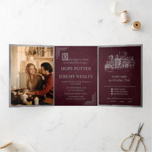 Invitation Trois Volets Vintage Fairy Tale Book Silver Bourgogne Mariage
