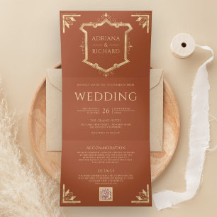 Invitation Trois Volets Vintage Gold Crest Code QR Terracotta Mariage